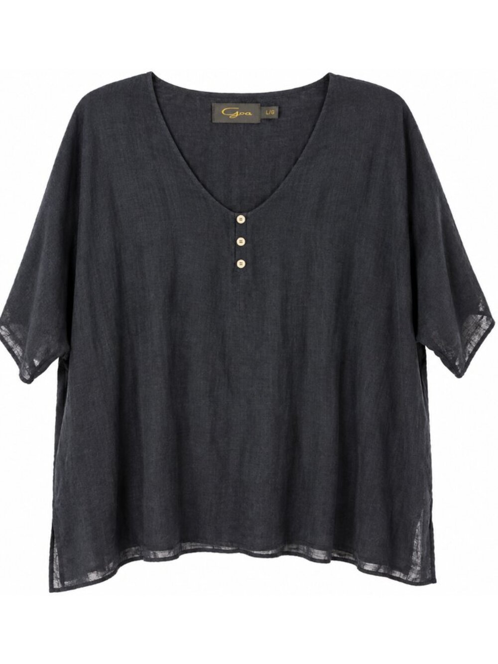 Goa Women’s Large Black Flowy Lined Tunic Top Asymmetrical Hem V-Neck Side Slits